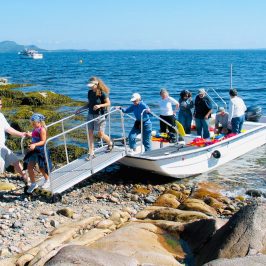 a group of people in a boat on a body of water