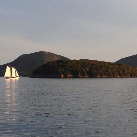a large body of water with a mountain in the background