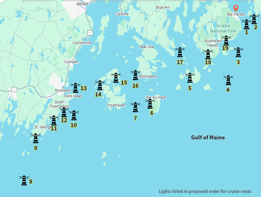 Map showing lighthouse icons with numbers along Maine's coast in the Gulf of Maine.