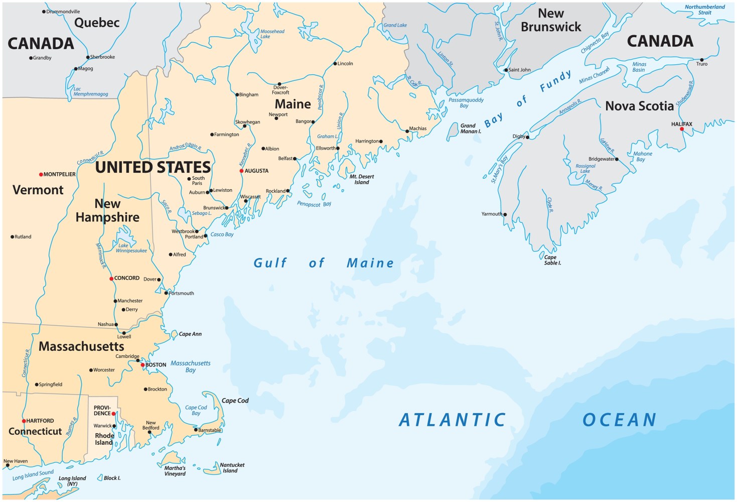 Map of northeastern USA and eastern Canada, showing states, provinces, and major cities.